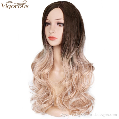 Vigorous Long Ombre Light Auburn To Blonde Synthetic Wigs Middle Part Water Wave Cosplay Wig For Woman Heat Resistant Fibre